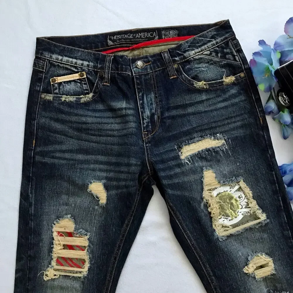 Heritage America NWOT Rip and Repair Dark Wash Skinny Jeans Men 34